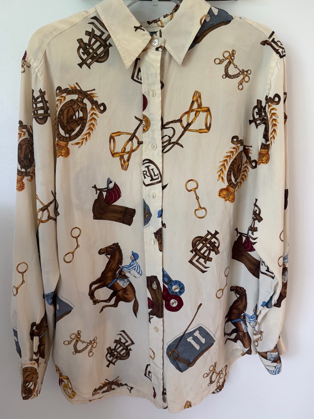 Ralph Lauren Cream Button-Up Blouse Brown, Blue Gold Equestrian Print 100% Silk